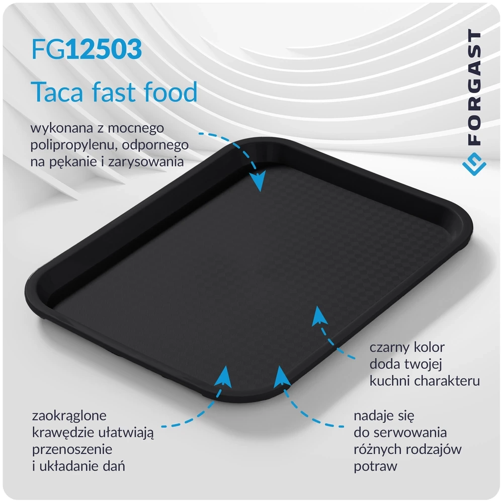 Taca fast food czarna, polipropylen, 35x25 cm, prostokątna | FORGAST FG12503