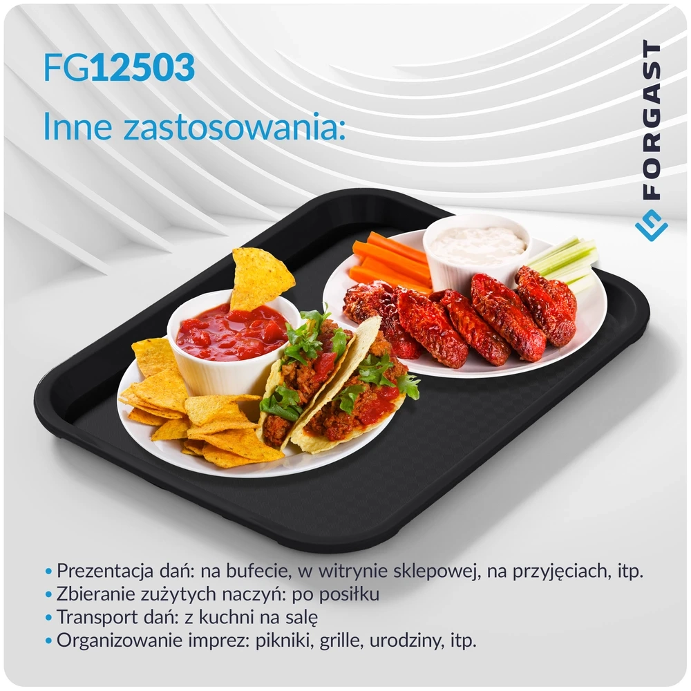 Taca fast food czarna, polipropylen, 35x25 cm, prostokątna | FORGAST FG12503