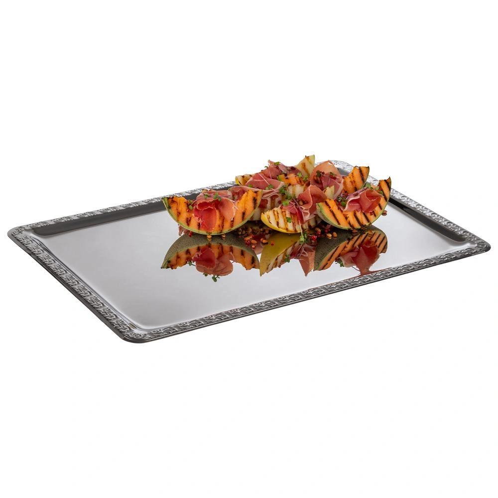 Taca SCHÖNER ESSEN, z ozdobnym rantem, ze stali nierdzewnej, 60x40x1 cm | APS 385