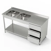 Stół nierdzewny ze zlewem 2-komorowym i blokiem 3-ch szuflad i półką 200x60x85 cm | FORGAST