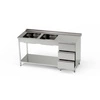 Stół nierdzewny ze zlewem 2-komorowym i blokiem 3-ch szuflad i półką 170x70x85 cm | FORGAST