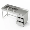 Stół nierdzewny ze zlewem 2-komorowym i blokiem 3-ch szuflad 200x60x85 cm | FORGAST