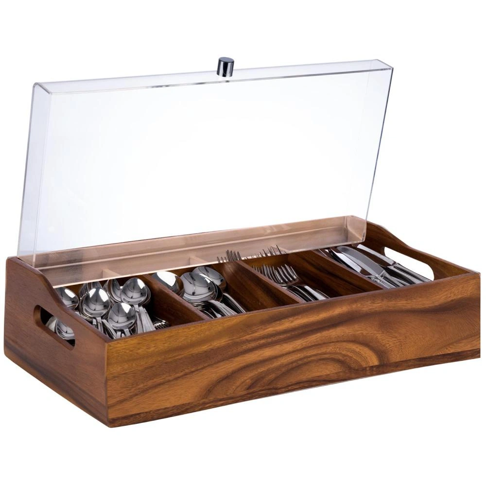 Pojemnik na sztućce ACACIA z pokrywą, brązowy 51x28x13 cm | APS 11949