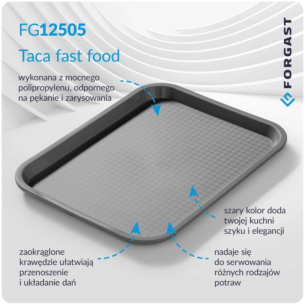 Taca fast food szara, polipropylen, 35x25 cm, prostokątna | FORGAST FG12505