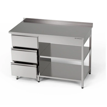 Stół roboczy nierdzewny z blokiem szuflad i dwiema półkami 180x70x85 cm | FORGAST
