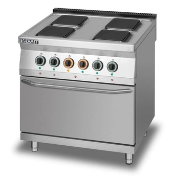 Kuchnia gastronomiczna elektryczna 4 pola kwadratowe z piekarnikiem elektrycznym z termoobiegiem, GN 2/1 | LOZAMET L900.KE4 PET