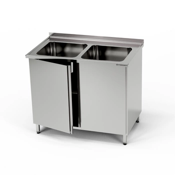 Stół nierdzewny ze zlewem 2-komorowym i szafką 120x70x85 cm | FORGAST