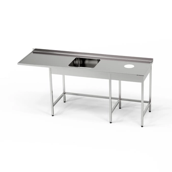 Stół nierdzewny ze zlewem 1-komorowym, miejscem na zmywarkę i otworem na odpadki 280x60x85 cm | FORGAST