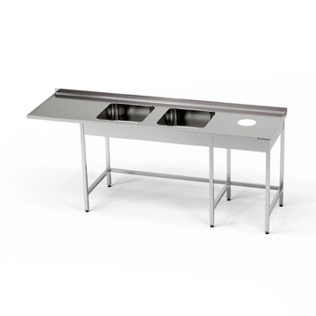 Stół nierdzewny ze zlewem 2-komorowym, miejscem na zmywarkę i otworem na odpadki 200x70x85 cm | FORGAST