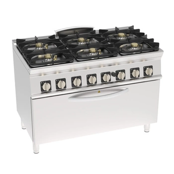 Kuchnia gastronomiczna gazowa 6-palnikowa z piekarnikiem gazowym statycznym full size i grillem elektrycznym, 45 + 7 + 3 kW | TECNOINOX 713217
