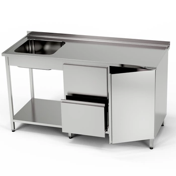 Stół nierdzewny ze zlewem 1-komorowym, szafką i blokiem szuflad i półką 170x70x85 cm | FORGAST